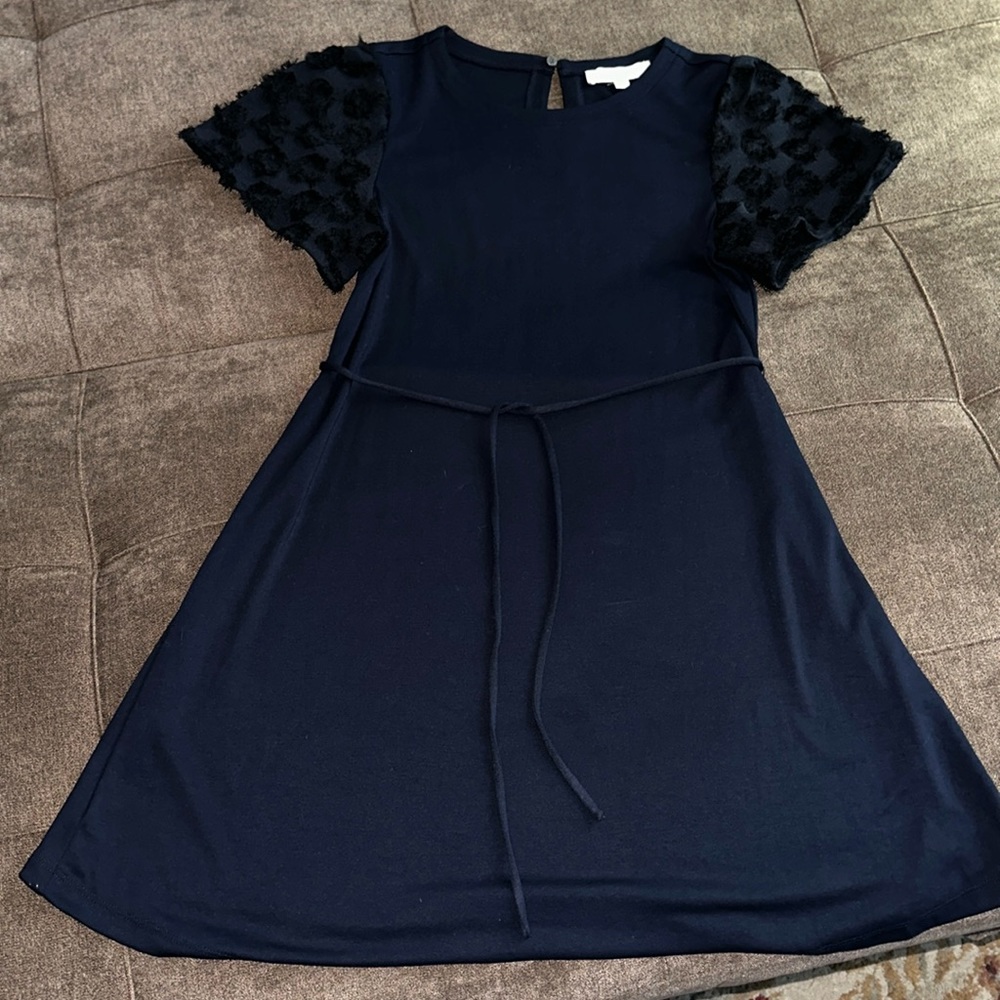 Loft Navy Shaggy Fringe Short Sleeve Knit Dress Size XS